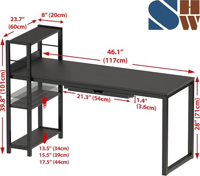 SHW 46-Inch Home Office Mission Computer Desk with Side Shelf and Drawer, Black