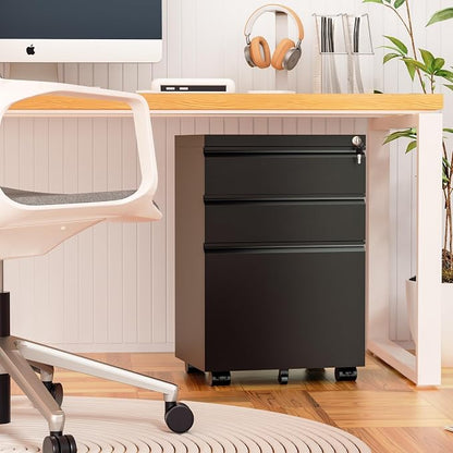Crownland Office Mobile File Cabinet with Lock, Metal Filing Cabinets with 3 Drawers for Home Office, Lockable File Cabinet for Legal/Letter/A4/F4 Size(Black)