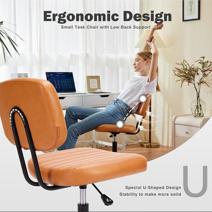 DUMOS Armless Home Office Chair: Small Desk Chair with Low Back Lumbar Support, Height Adjustable PU Leather Computer Task with 360° Swivel Wheels, for Adults, Brown
