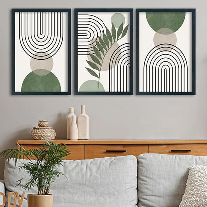 SRSZHIYUE Sage Green Boho Wall Art 24"×16" Set of 3 Geometric Line Leaf Sun Moon Sign for Master Bedroom Office Wall Hanging Decor (Black)