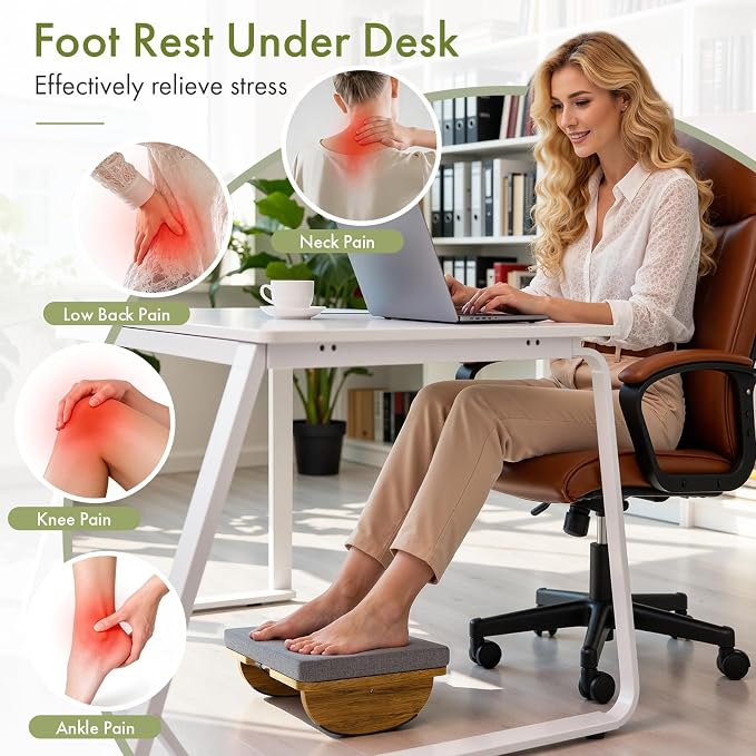 Wooden Under Desk Foot Rest, Foot Stool with Detachable Cushion, Ergonomic Rocking Footrest for Work & Home, Leg Relief & Foot Support, Improves Posture and Blood Circulation