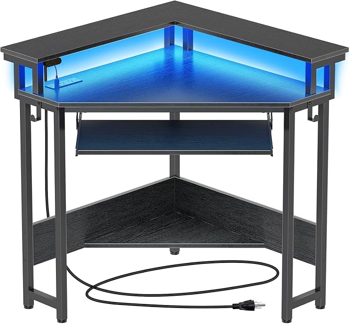 Corner Gaming Desk - ,44.5" W x 34.5" H Small Computer Desk with Power Outlets,Home Office Desk with LED Lights, Triangle Corner Table with Keyboard Tray & Monitor Stand for Small Space, Black