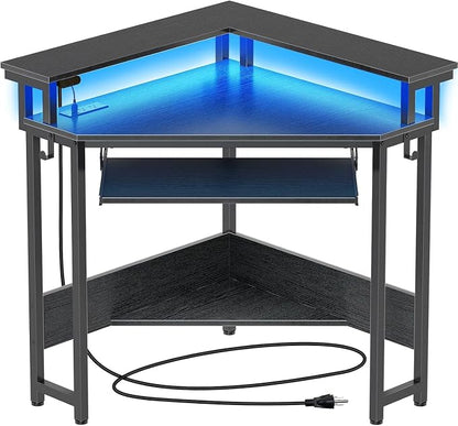 Corner Gaming Desk - ,44.5" W x 34.5" H Small Computer Desk with Power Outlets,Home Office Desk with LED Lights, Triangle Corner Table with Keyboard Tray & Monitor Stand for Small Space, Black