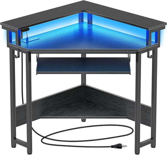 Corner Gaming Desk - ,44.5" W x 34.5" H Small Computer Desk with Power Outlets,Home Office Desk with LED Lights, Triangle Corner Table with Keyboard Tray & Monitor Stand for Small Space, Black