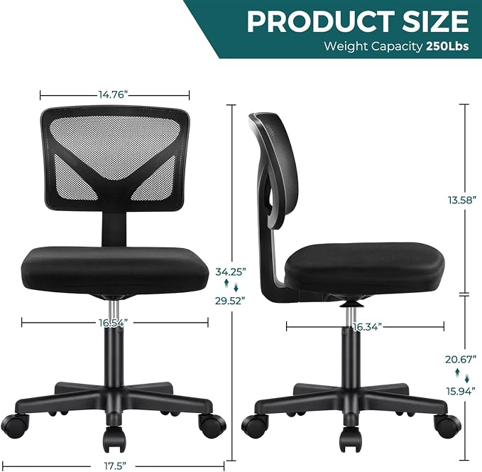 DUMOS Armless Desk Chairs Set of 2, Ergonomic Adjustable Home Office Swivel Rolling Task Chair No Arms, Comfy Mesh Mid Back Computer Work Vanity Desk Chiars with Wheels for Small Spaces, Black