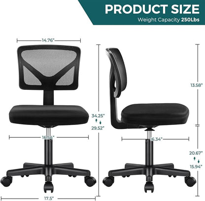 DUMOS Armless Desk Chairs Set of 2, Ergonomic Adjustable Home Office Swivel Rolling Task Chair No Arms, Comfy Mesh Mid Back Computer Work Vanity Desk Chiars with Wheels for Small Spaces, Black