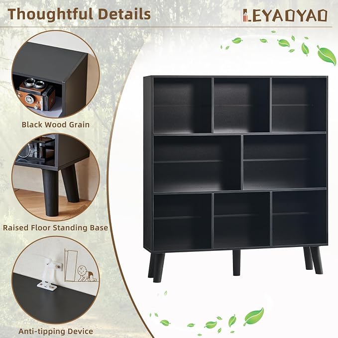LEYAOYAO 8 Cube Bookshelf,3 Tier Bookcase with Legs,Black Mid-Century Modern Bookshelves,Large Open Storage Organizer Shelf, Wooden Book Case