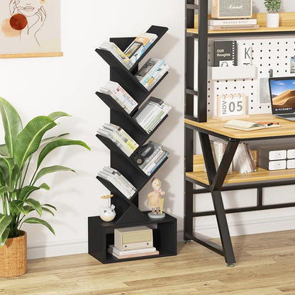 SHEEPAM 9 Tier Tree Bookshelf,Christmas Green Bookcase for Narrow Space, Storage Organizer Floor Standing Bookshelves for Books, Tall Book Case for Home Office, Living Room, Bedroom