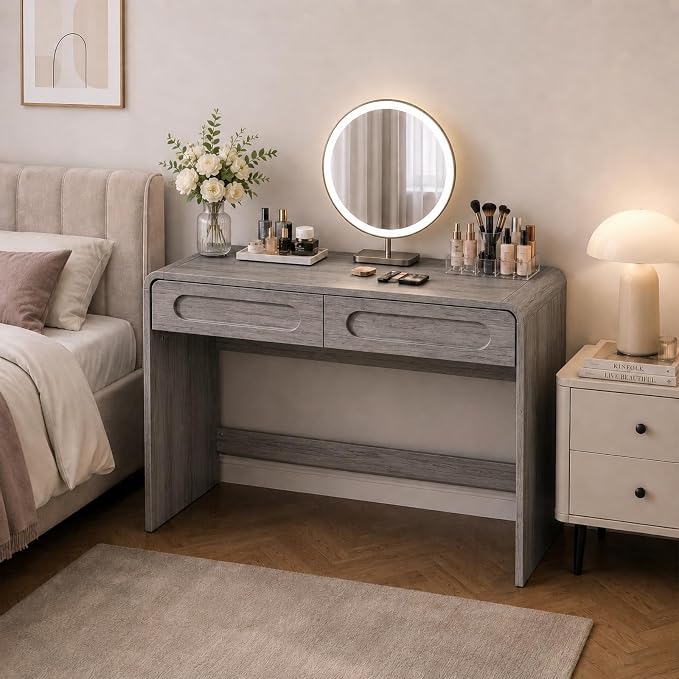 Writing Desk with 2 Drawers, Home Office Computer Desk for Small Spaces | Grey Study Desk for Bedroom, Compact Workstation Table, Vanity Desk for Apartment and Dorm Room
