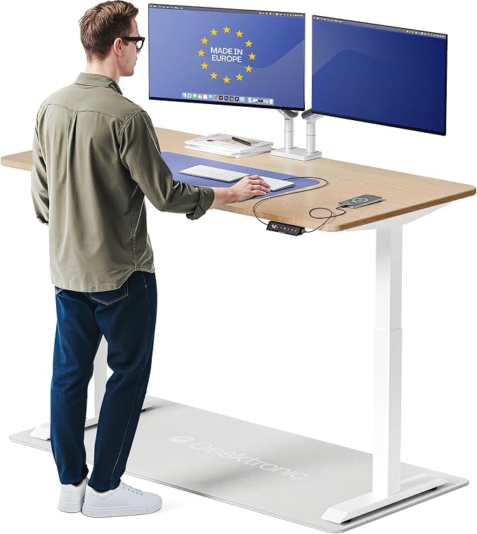 Desktronic HomeOne Standing Desk 60x30 — Ergonomic Sit Stand Home Office Desk, Made in Europe, Electric Dual Motor Height Adjustable, USB & USB-C Charging, Wobble-Free, Touchscreen, 3 Memory Presets