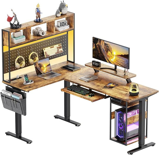 Flycity Electric L Shaped Standing Desk Adjustable Height, 67" x 47" Corner Computer Desk with Host Shelf, Gaming Desk with LED Lights & Power Outlet, Dual Motor Home Office Desk with Storage, Brown