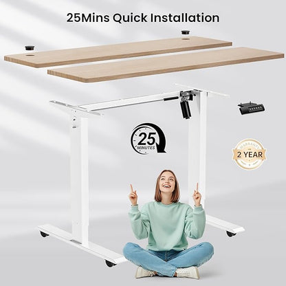 farexon Electric Standing Desk 63 x 24In with Power Outlets, Adjustable Height Stand up Desk with Large Mouse Pad, Double Hooks and 4 Wheels, 27''-46'' Lifting Range, Easy to Set for Home/Office(Oak)