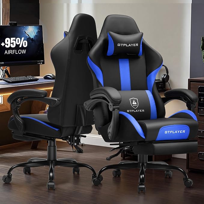 GTPLAYER Gaming Chair with Pocket Spring Cushion, Leather Office Chair with Ergonomic High Back & Lumbar Support for Back Pain Relief, Computer Game Chair for Adults, Cobalt Blue