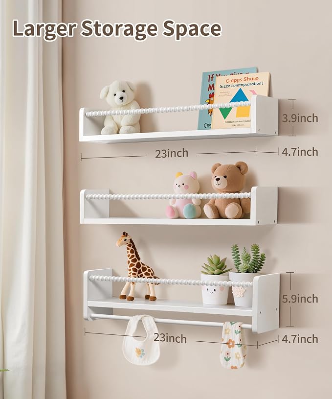 Maxpeuvon 23 Inch Kids Bookshelves Set of 3, Natural Wooden Floating Shelves Wall Mount Storage Organizer Shelf with Towel Bar Hanging Bookshelf for Kid Room Bedroom Living Room Decor, White