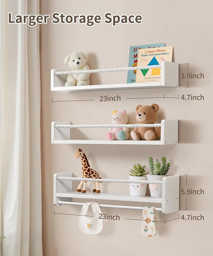 Maxpeuvon 23 Inch Kids Bookshelves Set of 3, Natural Wooden Floating Shelves Wall Mount Storage Organizer Shelf with Towel Bar Hanging Bookshelf for Kid Room Bedroom Living Room Decor, White