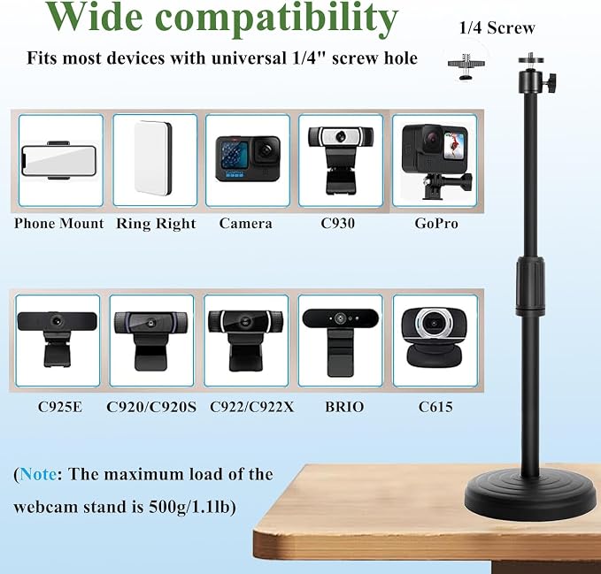 Webcam Stand with Phone Holder, Adjustable Height Desk Camera Mount for Logitech C920 C922 C925e C930e, 1/4" Threaded Desktop Tripod Stand for Live Streaming, Video Conferencing, Online Classes
