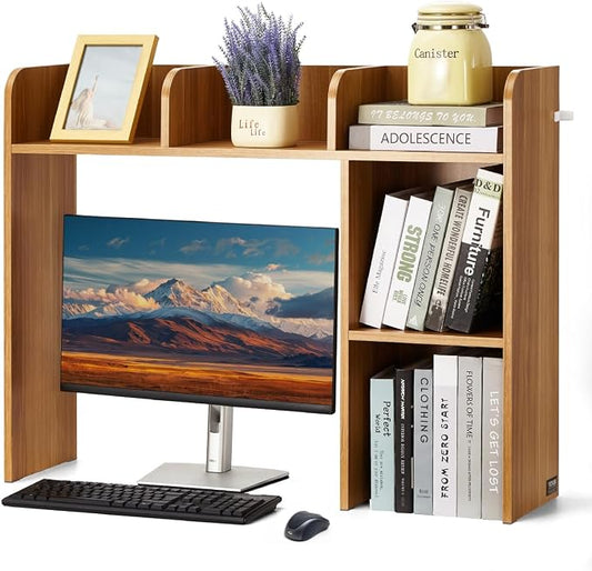 VEVOR Wood Desk Shelf, Desktop Bookshelf, Desk Storage Hutch with 6 Shelves, Office Countertop Organizer 3-Tier Display Rack, with Anti-Slip Feet Pads, for Office, Home & Dorm, Natural