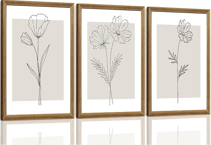 ICHZUMW Neutral Botanical Floral Wall Art, Black and White Farmhouse Flowers Wall Decor, Modern Minimalist Line Art Canvas Prints, Beige Artwork, Living Room Bedroom Home Office, Set of 3, 16x24in