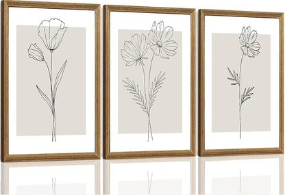 ICHZUMW Neutral Botanical Floral Wall Art, Black and White Farmhouse Flowers Wall Decor, Modern Minimalist Line Art Canvas Prints, Beige Artwork, Living Room Bedroom Home Office, Set of 3, 16x24in
