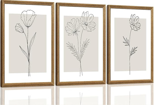 ICHZUMW Neutral Botanical Floral Wall Art, Black and White Farmhouse Flowers Wall Decor, Modern Minimalist Line Art Canvas Prints, Beige Artwork, Living Room Bedroom Home Office, Set of 3, 16x24in