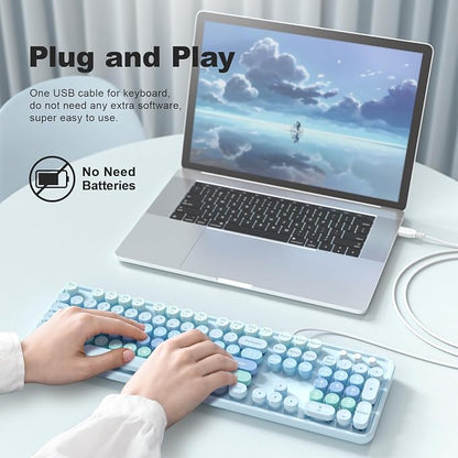 MOWUX Computer Keyboard Wired, Plug and Play USB Retro Round Typewriter Keyboard, Full Size Wired Keyboard with Foldable Stands for Laptop and Office PC-Blue with Large Print