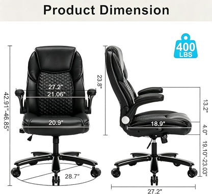 ZLHECTO® Big and Tall Executive Office Chair, PU Leather Swivel Desk Chair with Flip-up Arms, Adjustable Lumbar Support, Space-Saving Height Adjustable Rolling Computer Chair for Home & Office Use