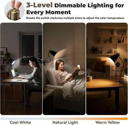 Desk lamp Eye-Caring Table Lamps, 360°Rotation Gooseneck Clip on Lamp Reading Light, Portable Reading Book Light, Clamp Light, Study Desk Lamps for Bedroom and Office Home Lighting (Black and Gold)