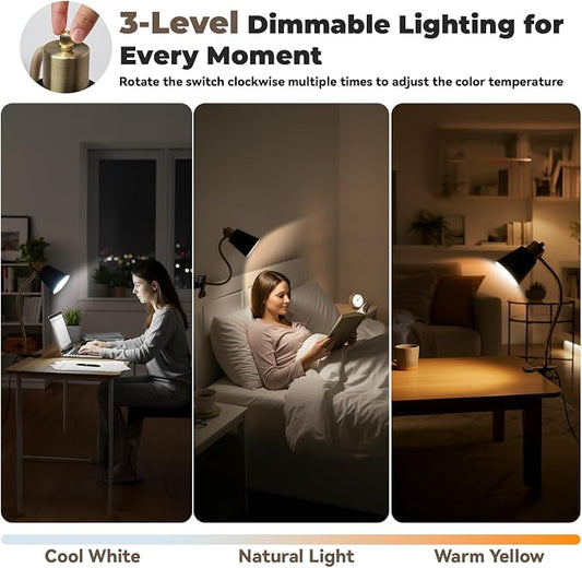 Desk lamp Eye-Caring Table Lamps, 360°Rotation Gooseneck Clip on Lamp Reading Light, Portable Reading Book Light, Clamp Light, Study Desk Lamps for Bedroom and Office Home Lighting (Black and Gold)