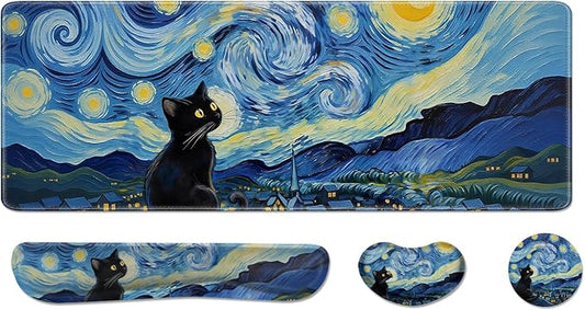 Desk Pad and Keyboard Wrist Rest, Large Mouse Pad + Keyboard Pad+Mouse Wrist Support, Non-Slip Desk Mat Protector for Office, Home 31.5×11.8 Inches Starry Night Cat