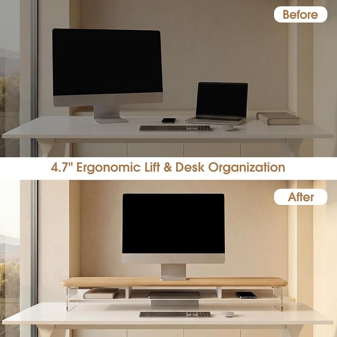Fenge Monitor Stand Riser, Acrylic Computer Stand, Desktop Oraganizer Stand, Acrylic Laptop Stand Riser with Storage Desk Organizer Accessories (Dark Oak, 42.5in)