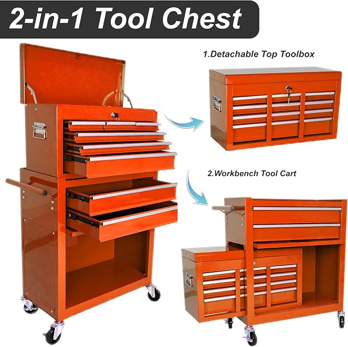 RYH 8 Drawers Rolling Tool Chest & Tool Box on Wheels | Heavy Duty Metal Cart with Ball Bearing Drawers | Fits US General Tool Box for Garage Storage(Orange, 8 Drawers /43.1" H × 24.2" W)