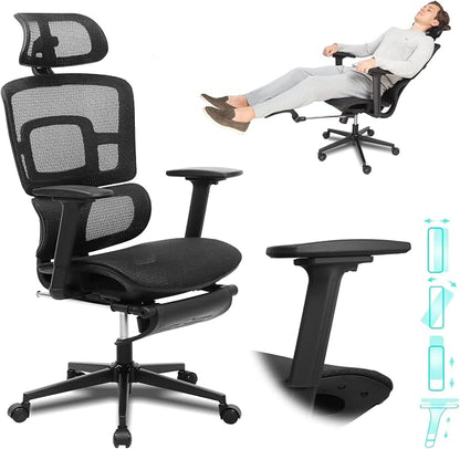 Ergonomic Office Chair with Footrest, Big & Tall, 4D Adjustable Armrests, Comfy Swivel Rolling Mesh Computer Desk Chair with Lumbar Support, Wheels for Office, Home, Gaming, S3 Elite Pro