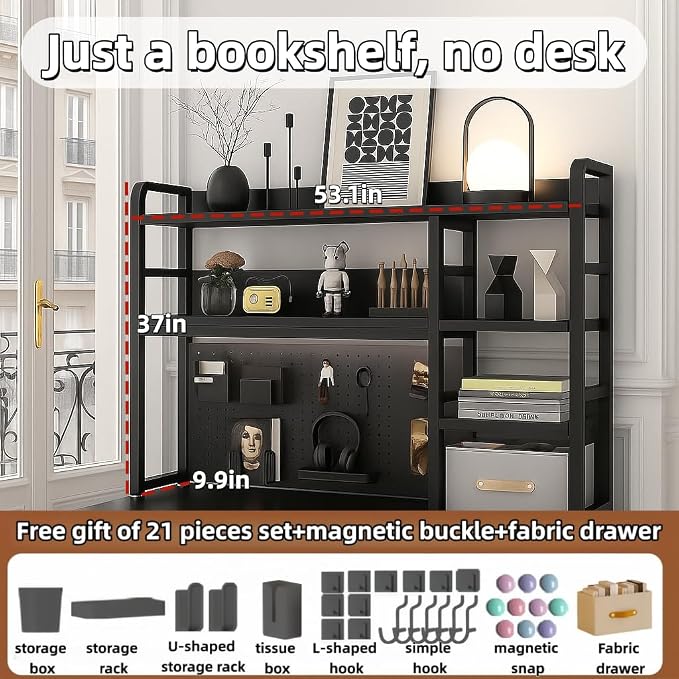Desktop Bookshelf, pegboard Storage and Organization Rack, Dorm Desk Shelf, Desk Hutch, Desktop Storage for Office, Study, Student Display Rack,Desktop Shelves (Black 53.1" Lx9.9 Wx37 H)