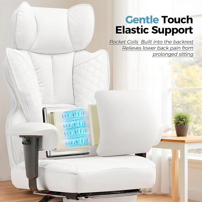 COMHOMA Desk Office Chair Big and Tall Office Chairs Ergonomic Gaming Chairs with Wide Seat Leather High Back Chair with Foot Rest Adjustable Armrests Pocket Spring Lumbar Support