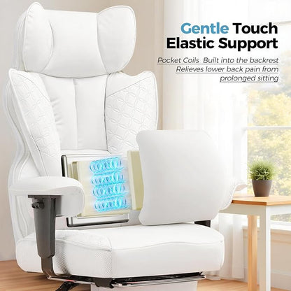 COMHOMA Desk Office Chair Big and Tall Office Chairs Ergonomic Gaming Chairs with Wide Seat Leather High Back Chair with Foot Rest Adjustable Armrests Pocket Spring Lumbar Support