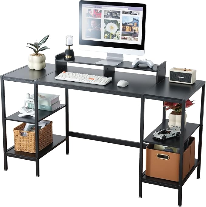 MINOSYS Computer Desk 55-inch with Storage Shelf - Black Ideal Gaming Desk for Bedrooms, Small Spaces, and Home Offices Modern Writing Desk for PCs.