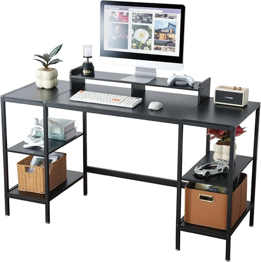 MINOSYS Computer Desk 55-inch with Storage Shelf - Black Ideal Gaming Desk for Bedrooms, Small Spaces, and Home Offices Modern Writing Desk for PCs.