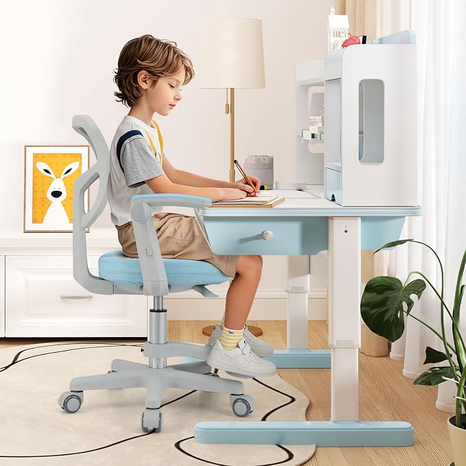 Giantex Kids Desk Chair, Ergonomic Adjustable Student Rolling Chair with Footrest & Flip-up Armrest, Mesh Children Office Chair with Universal Wheels, Kids Computer Chair for Boys & Girls, Blue