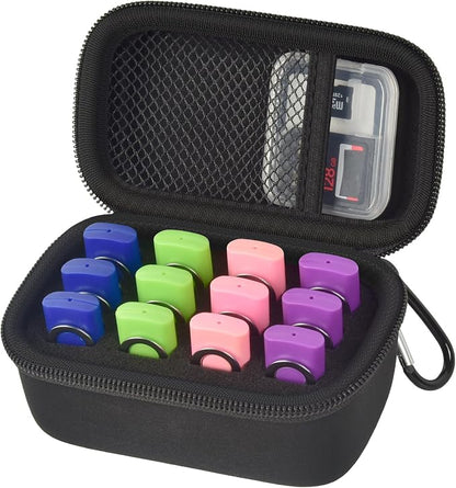 Comecase 12 Slots USB Flash Drive Case, Hard Shell Organizer for Thumb Drives & Jump Drives with Carabiner, Portable USB Case with Removable Pre-cut Sponge & SD Card Mesh Pocket (Jet Black, Small)