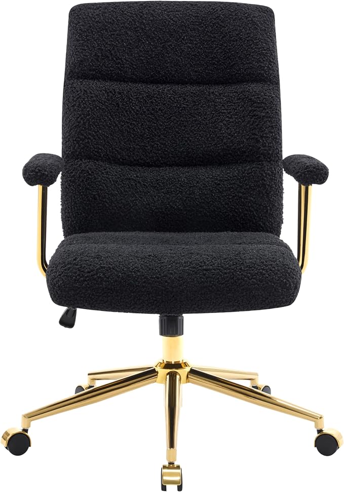 Elegant Black and Gold Office Chair with Textured Boucle Fabric, Modern Desk Chair with Padded Seat, Height Adjustable with Durable Gold Base