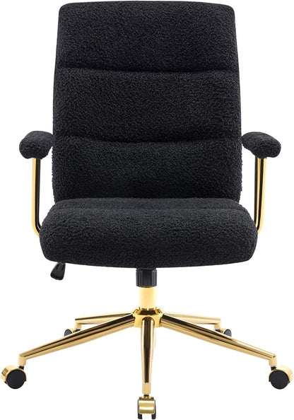 Elegant Black and Gold Office Chair with Textured Boucle Fabric, Modern Desk Chair with Padded Seat, Height Adjustable with Durable Gold Base