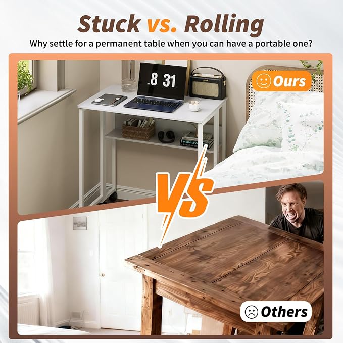24.8" Folding Rolling Desk with Storage Shelf, Small Foldable Computer Table on Wheels for Home Office & Small Spaces, Portable Workstation with Brakes, White