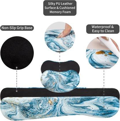 QIYI Leather Desk Mat Set, 4-in-1 Large Mouse Pad with Ergonomic Wrist Rest, Waterproof Desk Pad + Keyboard Wrist Rest + Mouse Wrist Support + Coaster, Non-Slip Office Gaming Accessories, Blue Marble