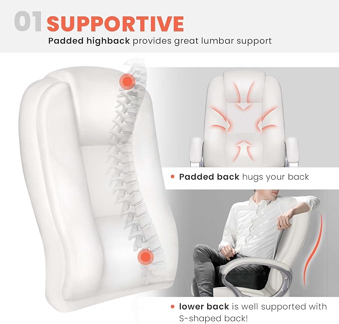 NEO Chair Office Desk Chair Computer Ergonomic Executive High Back Managerial PU Leather Lumbar Support Task Gaming Seat Adjustable Height Swivel Rolling Wheels (All White)