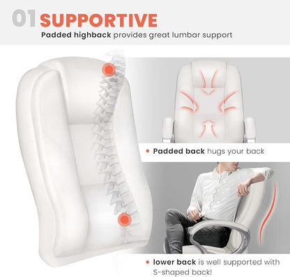 NEO Chair Office Desk Chair Computer Ergonomic Executive High Back Managerial PU Leather Lumbar Support Task Gaming Seat Adjustable Height Swivel Rolling Wheels (All White)