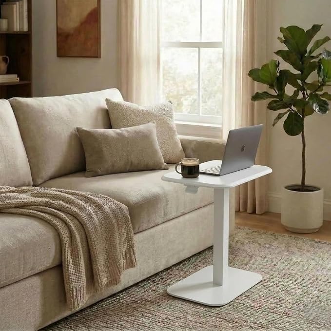 Elevance Height Adjustable Side Table, White Base, Cloud White Top | Sofa Laptop Table for Couch & Bed | Small C-Shape End Table for Home or Office
