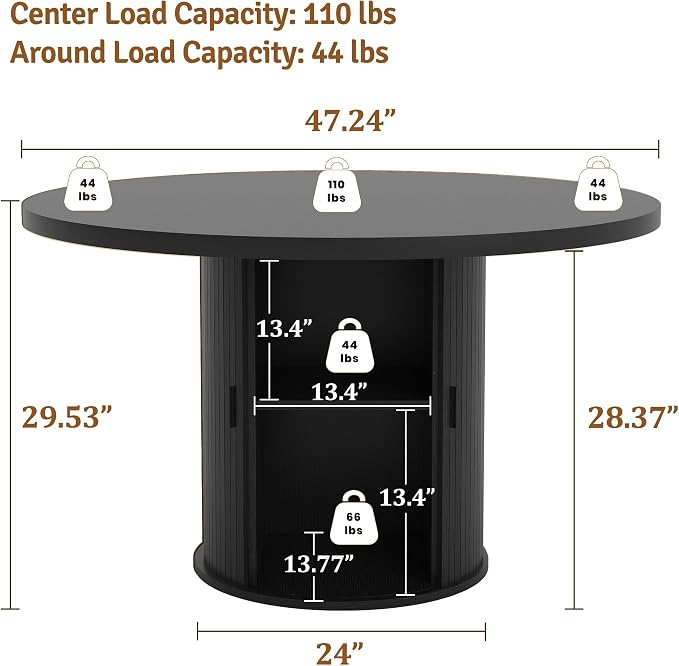 47 inch Round Dining Table for 4-6, Dinner Table with 2-Layer Storage Shelf, Morden Circle Kitchen Table with Wooden Strip Base and Wood Slide Door for Home Dining Room, Living Room, Black