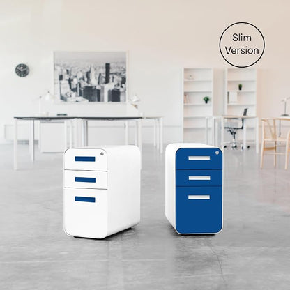 Laura Davidson Furniture Stockpile Slim 3-Drawer Mobile File Cabinet with Lock - Under Desk Metal Filing Cabinet, Legal/Letter File Folders, Wheels and Stationary Feet, Pre-Assembled, Blue Faceplate