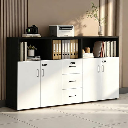 File Cabinet with Password Lock, Wood Lateral Filing Cabinet for Letter/A4 Files, 3 Drawer with Door, Printer Stand with Open Shelves for Home Office