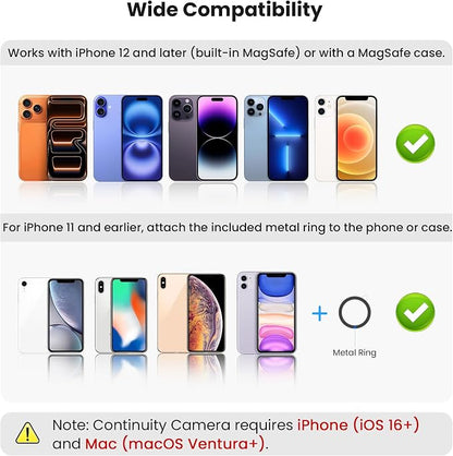 Itramax Continuity Camera Mount for iMac&Desktop Monitor,360° Adjustable iPhone Webcam Stand Holder with Metal Ring for MagSafe iPhone 17 17e/16/15/14/13/12/11/XR/XS,MacBook,Apple TV 4K,Studio Display